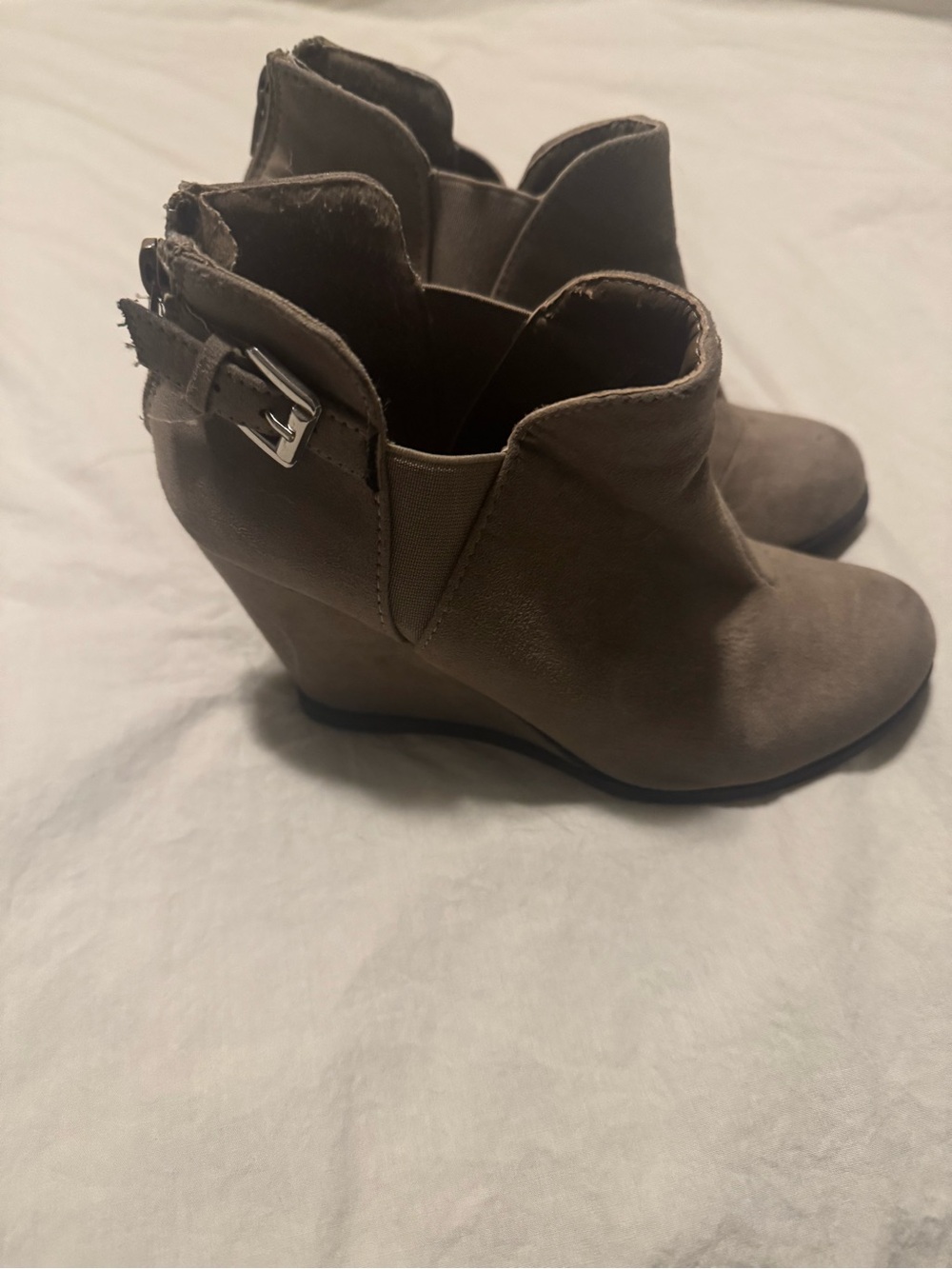 Maurices Taupe Wedge Ankle Boots with Buckle Detail